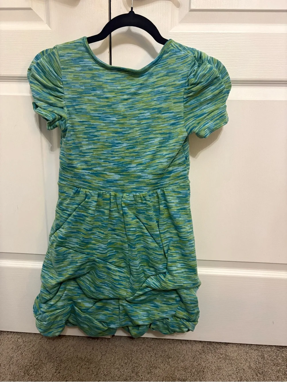 My Michelle Girls Blue Green Space-Dye Puff Sleeve Dress